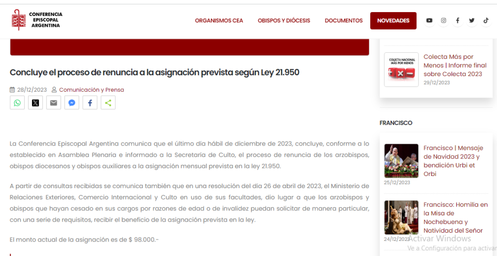 OBISPOS DE ARGENTINA RENUNCIAN A LOS APORTES DEL ESTADO.