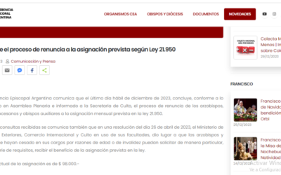 OBISPOS DE ARGENTINA RENUNCIAN A LOS APORTES DEL ESTADO.