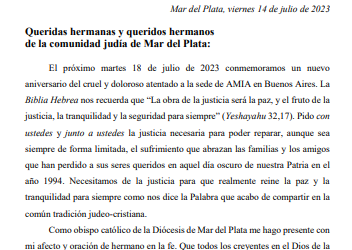 MENSAJE DEL PADRE OBISPO POR EL ANIVERSARIO DE LA AMIA.